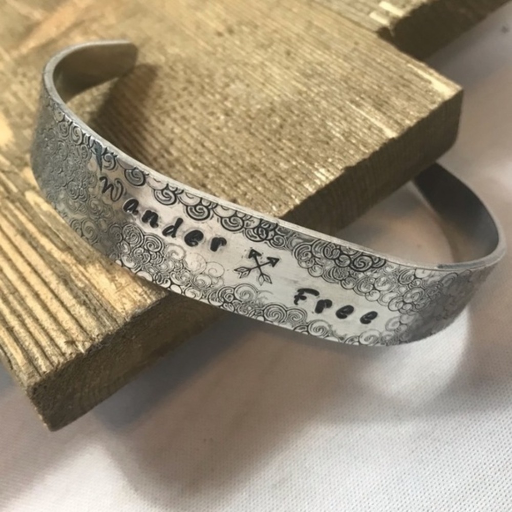 Handmade stamped “Wander Free” hypoallergenic adjustable cuff bracelet - Picture 7 of 7